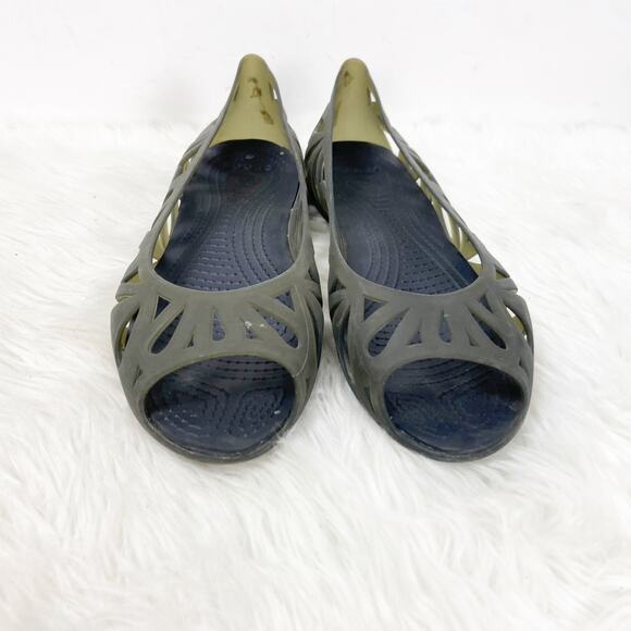Crocs 8 Womens Black Rubber Laser Cut Peep Toe Flats - Picture 5 of 9